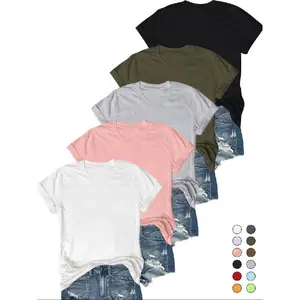 5-piece set, round T-shirt, casual short sleeved T-shirt, women's daily sportswear, basic top slim fit T-shirt