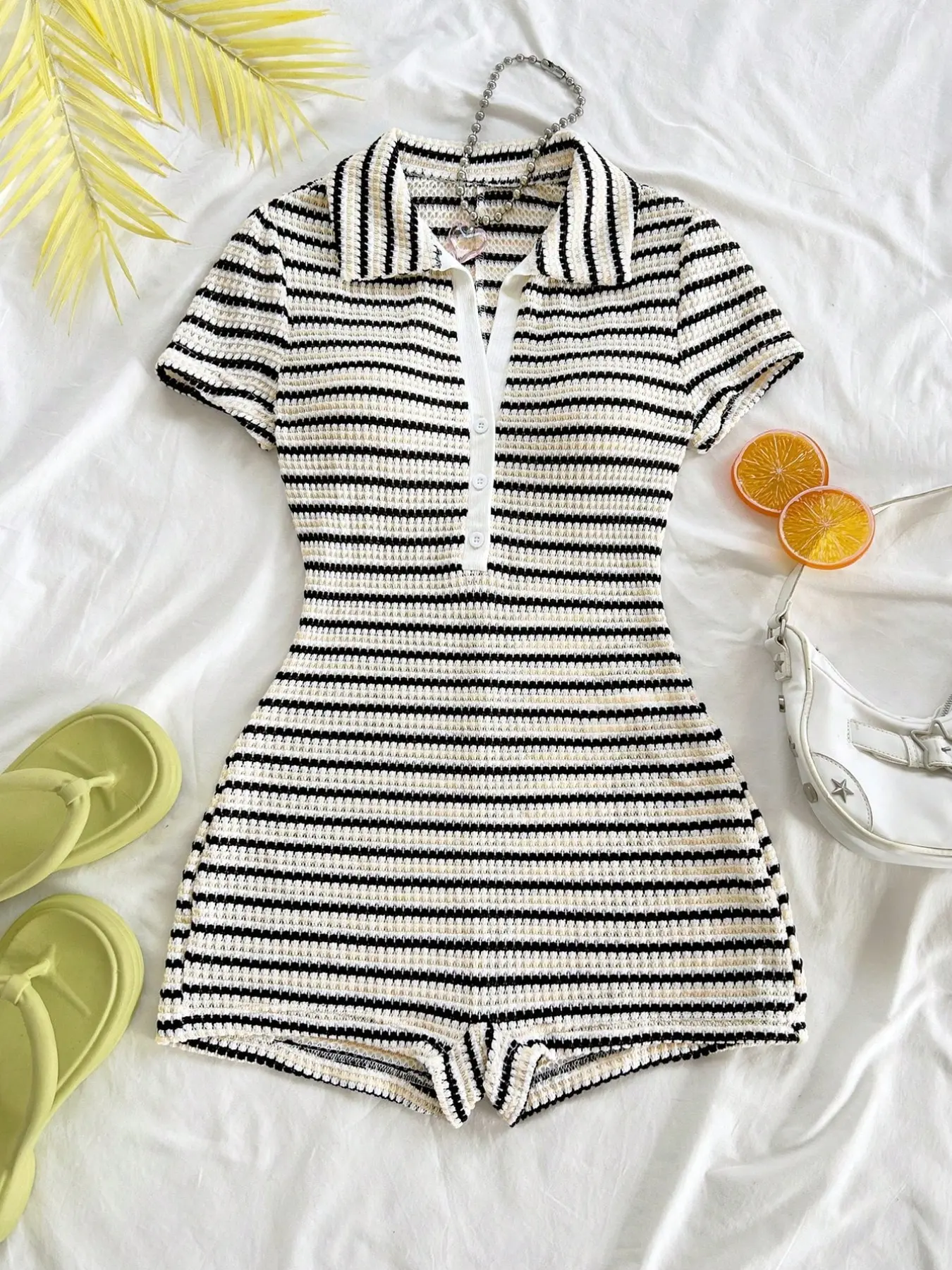 Women's Fashion Comfortable Stylish Striped Short Sleeve Fitted Romper, Casual Summer Comfortable Daily Wear