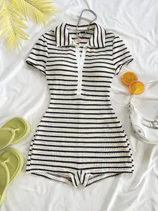 Women's Striped Short Sleeve Fitted Romper, Casual Summer, Comfortable and Stylish, Perfect for Everyday Wear, Trendy Ladies' Clothing, Fashion, Womenswear