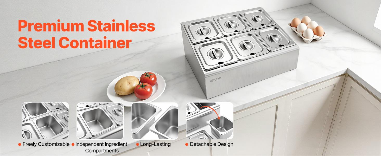 VEVOR Countertop Food Serving Display Container, Stainless Steel Food Salad Server Tray, Buffet Condiment Dispenser, Ice Cooled Rack with Separate Lid, for Restaurant Hotel Kitchen Party (6x1/6 Pan) VEVOR Countertop Food Serving Display Container, Stainless Steel Food Salad Server Tray, Buffet Condiment Dispenser, Ice Cooled Rack with Separate Lid, for Restaurant Hotel Kitchen Party (6x1/6 Pan)