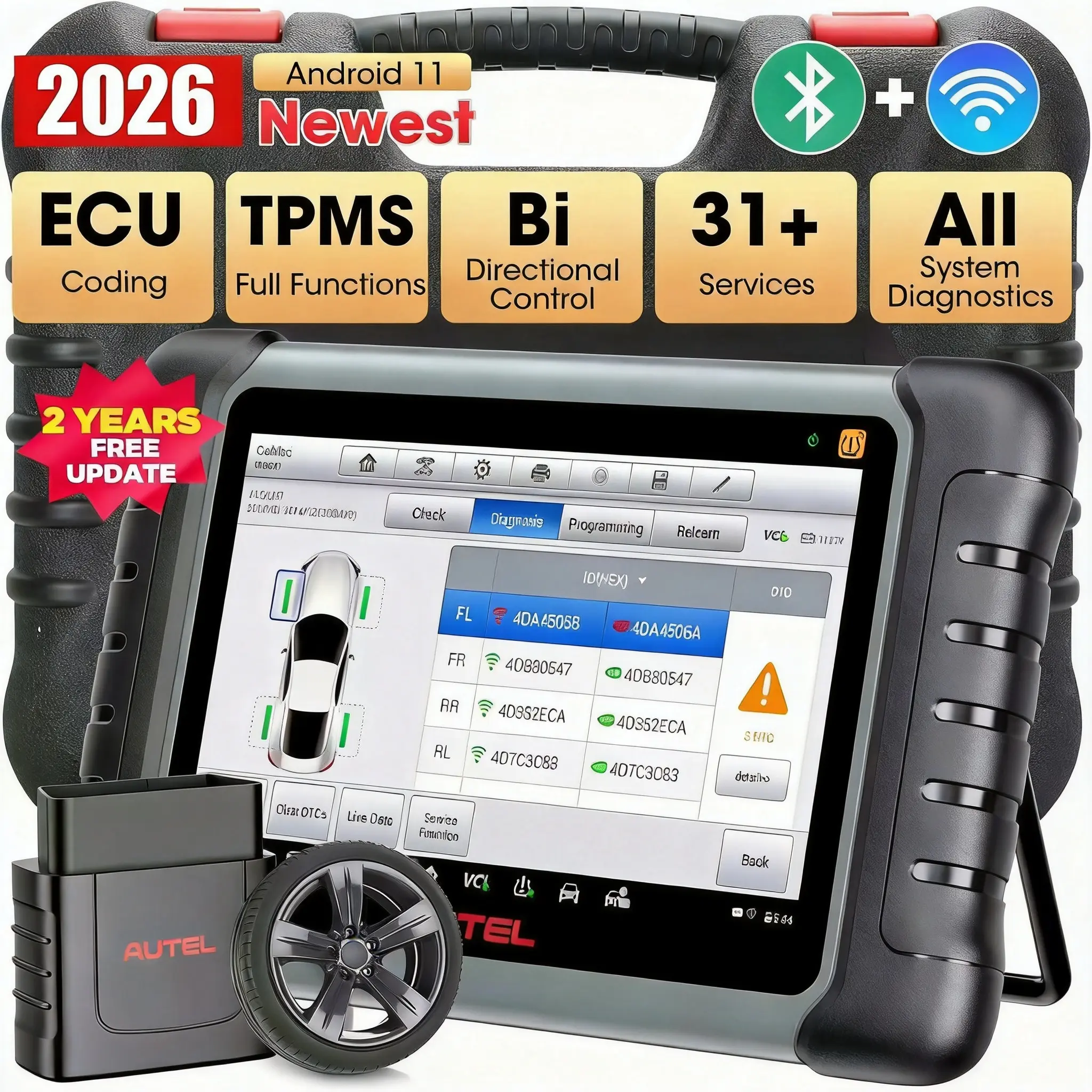 Autel MaxiPRO MP808S-TS Professional TPMS Diagnostic Tool - 2-in-1 OBD-II Scanner for Workshop Use, with TPMS Programming, Relearn, Sensor Activation, J2534 ECU Coding, All-System Diagnostics (ABS, Airbag), Wi-Fi, Android 11, Compatible with Fiat