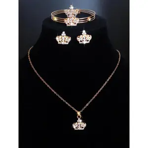 Women's Elegant Rhinestone Crown Design Jewelry Set, Exquisite Trendy Necklace & Stud Earrings & Bracelet & Ring, Fashionable Jewelry Set for Party Decoration