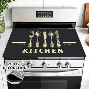 1 elegant kitchen stove cover with fork, spoon and knife design - durable rubber, 2D flat, black with gold decoration, perfect for electric stoves, stove cover decoration, induction cooker cover