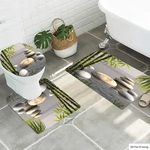 1/3Pcs Zen style Bamboo and Stacked Stones by Water Bathroom Mat Set, Flannel Non Slip Bath Rug, Toilet U-Shape Mat, Toilet Lid Cover, Thickened Soft Absorb Water, Microfiber Surface Memory Foam Cushion, Home, Bathroom Decorative Mat