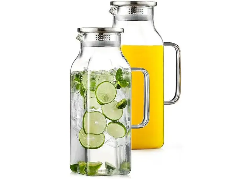 Airtight Borosilicate Glass Pitchers 2-Piece Set - 2L/68oz Small Square Jugs with Lids, Handles, Heat/Cold Resistance, Durable, Airtight Beverage Pitcher, Hiking/Camping Water Storage, Refrigerator-Safe Drinkware