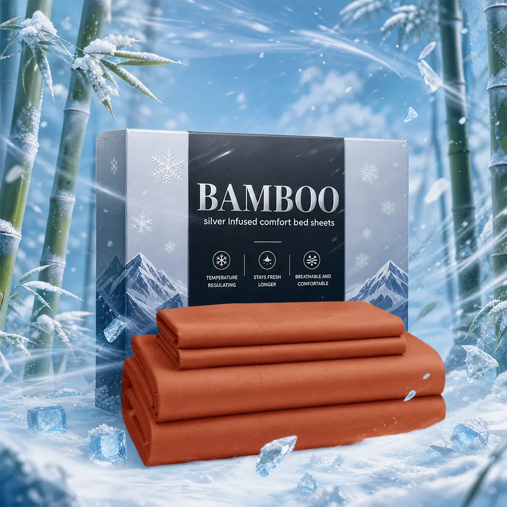 OS OMYSTYLE Silver Infused Bamboo Bed Sheet Set, 2100 TC, Bamboo Fiber Elastic Fitted Sheet, Luxurious Ultra-Soft Bamboo Blend Sheets, Cooling & Breathable & Skin Friendly & Machine Washable-16 Inches Deep Pocket
