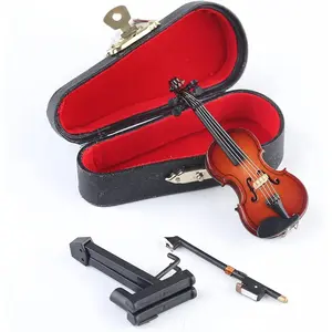 AGS Wooden Miniature Violin with Stand, Bow and Case Mini Musical Instrument Violin Replica Collectible Figurines Dollhouse Accessories Model Home Decoration Display Ornament (3.15"x1.18"x0.59")