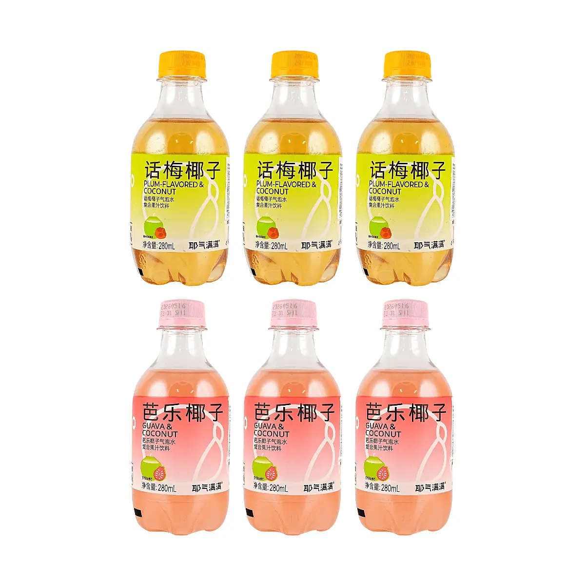 YQMM Plum Coconut Sparkling Water & Guava Coconut Sparkling Water - 2 Flavors, 6 Bottles (230ml Each), 10%+ Fruit Juice, Refreshing & Fat-Cutting Beverage