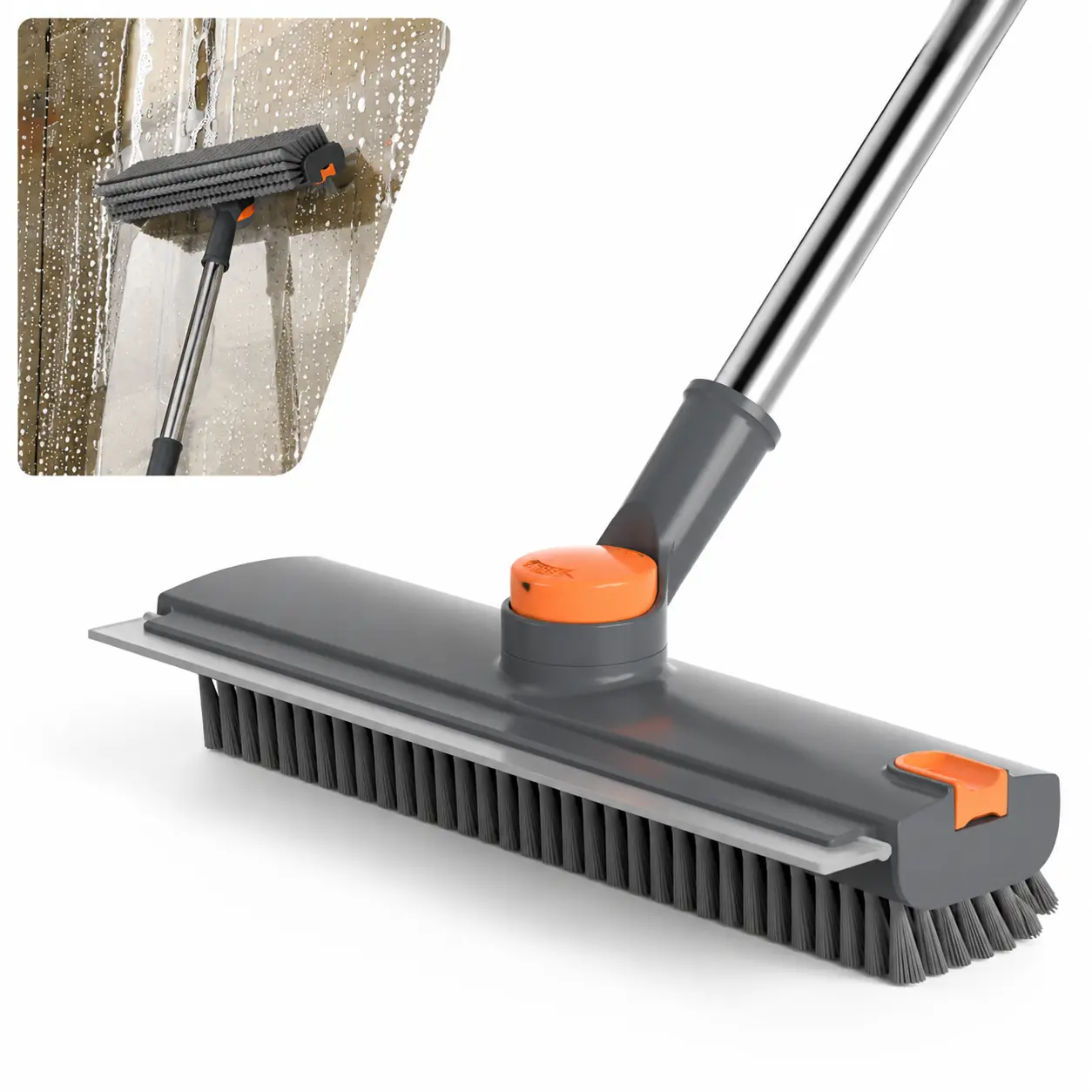 3-in-1 Home Cleaning Scraper Brush Broom - 90° Stiff Bristle, Stainless Steel Adjustable Long Handle for Customizable Reach, Silicone Squeegee & Tweezer, Heavy-Duty Deep Cleaning Tool for Patio, Tile Floors