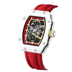 Men's Carbon Fiber Skeleton Tonneau Watch, Red Nylon Strap, Sporty Quartz Wristwatch