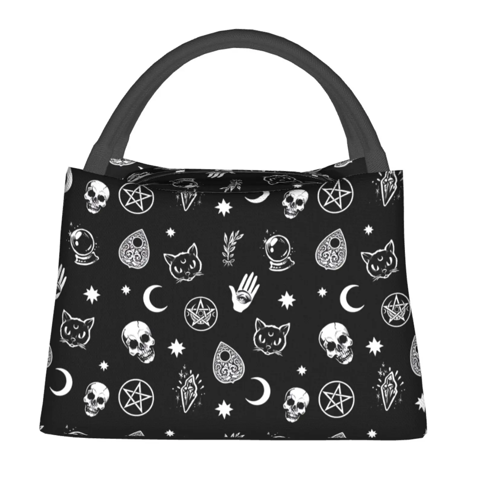 Insulated Reusable Lunch Bag with Lunch Box - Hand-Held, Safe Durable Material, Black Cat & Skull Pattern, for Outdoor Camping & Daily Commuting (Unisex Stylish Portable Cooler Bag)