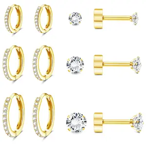 Hypoallergenic Flat Back Earrings 14K Gold Cartilage Earring Sets for Multiple Piercing Surgical Stainless Steel Earrings for Women Men Small Huggie Hoop Flatback Stud Earrings