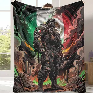 Mexican Soldier Theme Flannel Fleece Blanket Tactical Warrior With National Flag Pattern Ultra Soft Warm Microfiber Throw Cozy Lightweight Decorative Bedding For Living Room Bedroom Sofa Couch Or Outdoor Camping Gift