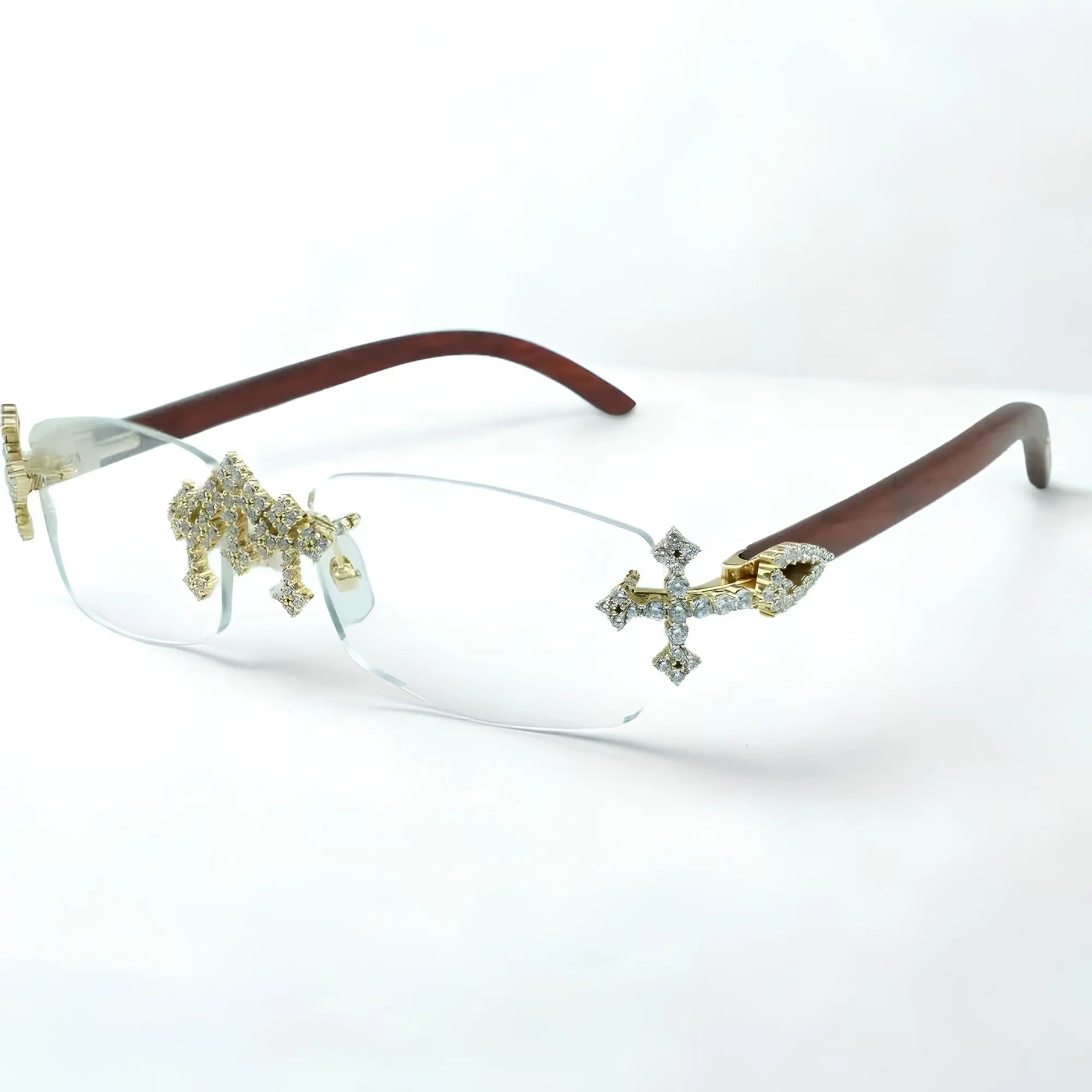 Iced Out Cross Wooden Frames Clear Lens