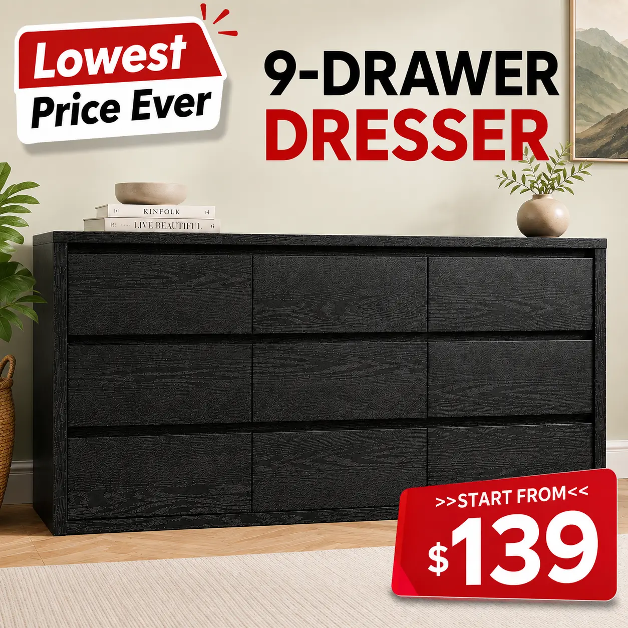 9-Drawer Wooden Dresser for Bedroom, Wide Modern Chest of Drawers, Large Storage Organizer for Living Room, Hallway, or Entryway
