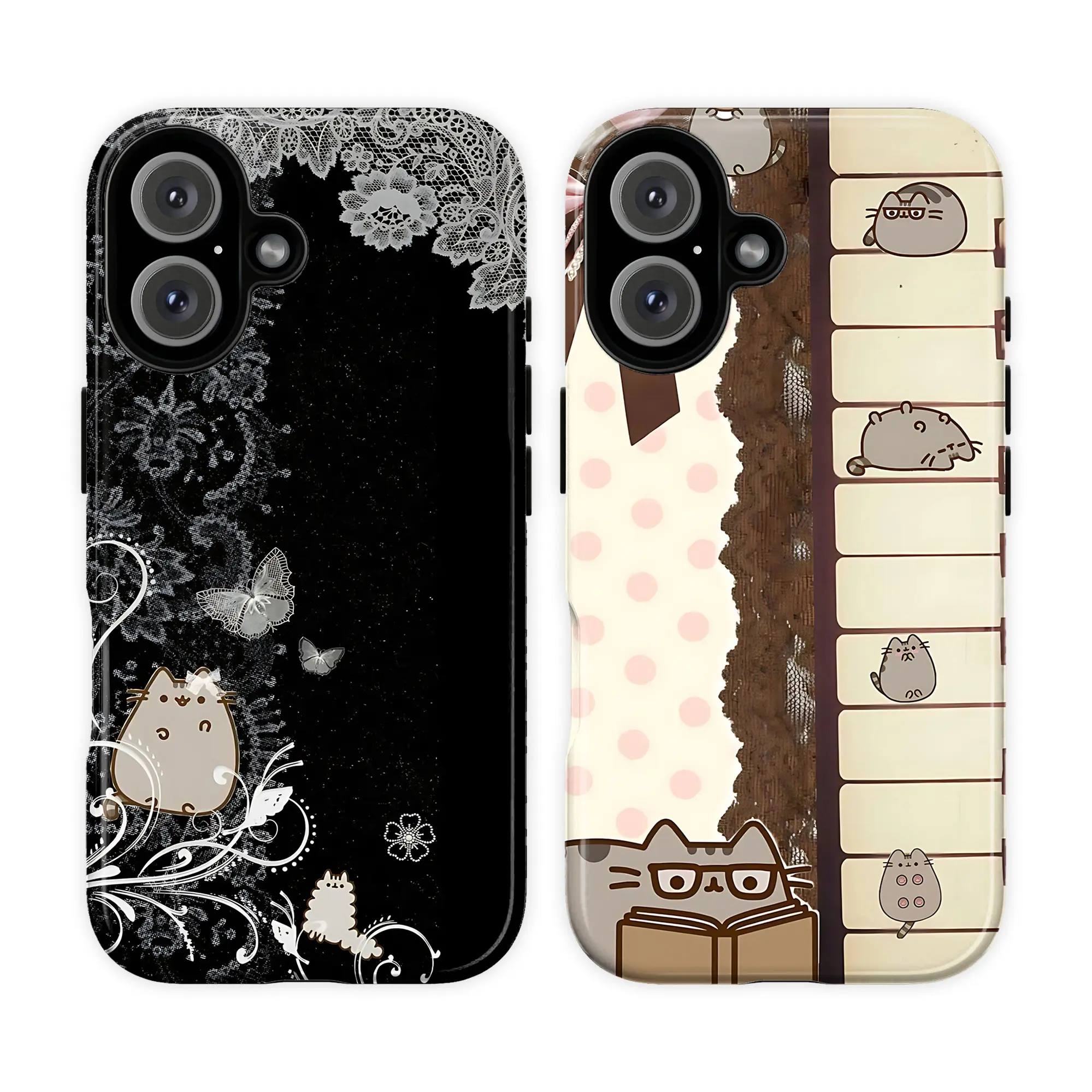 Cute Pusheen Cat Phone Case – Black Lace Gothic Aesthetic with Butterfly & Floral Design, Vintage Soft Grunge Cute Kitty Cover for iPhone 11–17 Pro Max & Samsung Galaxy S21–S26, Coquette Dark Academia Style, Gift for Him & Her