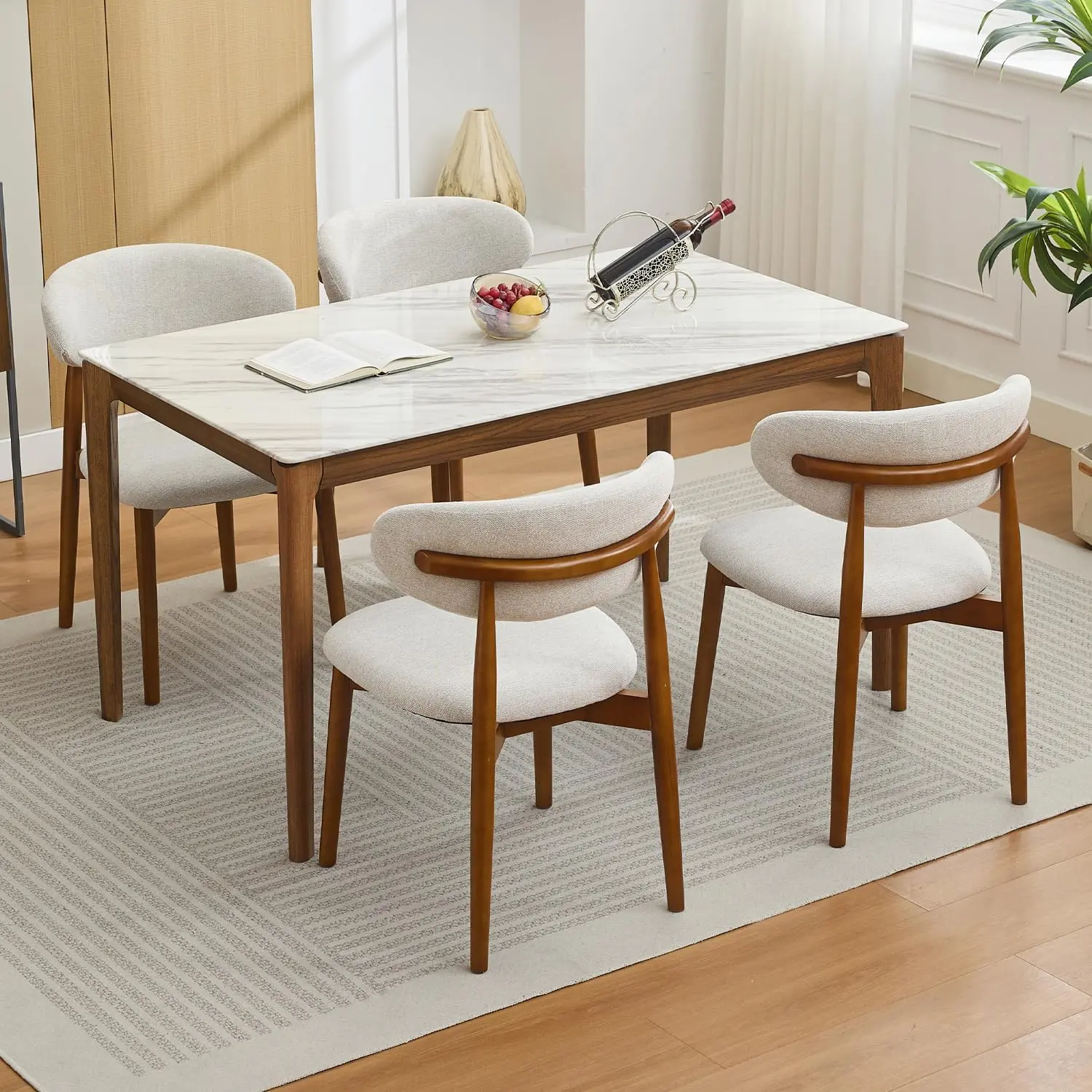 4-Piece Mid-Century Modern Ergonomic Wooden Dining Chairs, Sturdy Farmhouse Indoor Furniture Set with Elegant Design, Upholstered Seating, Padded Fabric Seats and Wood Legs for Dining Room Kitchen, Curved Backs, Padded Cushions