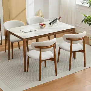 Wooden Dining Chairs Set of 4, Mid Century Modern Upholstered Dining Room Chairs, Farmhouse Kitchen Chairs with Padded Fabric Seat & Wood Legs, Comfortable Dining Side Chairs