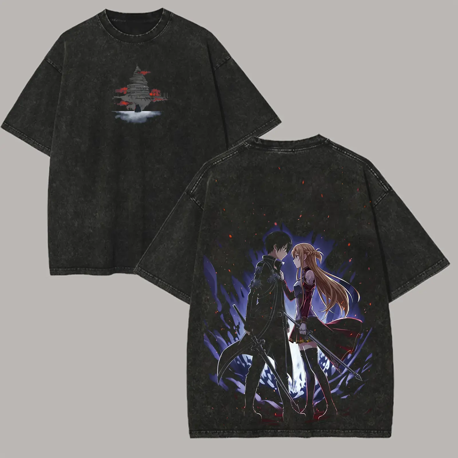 Men's Sword Art Online Distressed Washed Round Neck Short-Sleeve Casual Tshirt - Unisex Plus Size Streetwear Figure Top, Anime Lovers' Vintage Print Year-Round Apparel