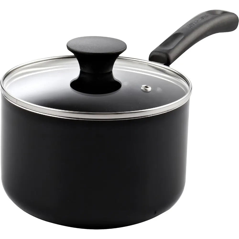 Durable 3-Qt Black Aluminum Nonstick Saucepan with Glass Lid - Multi-purpose Kitchen Cookware