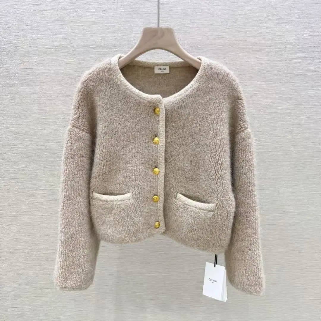 Pre-owned Celine Oatmeal Bouclé Alpaca‑Wool Blend Oversized Cardigan 102154