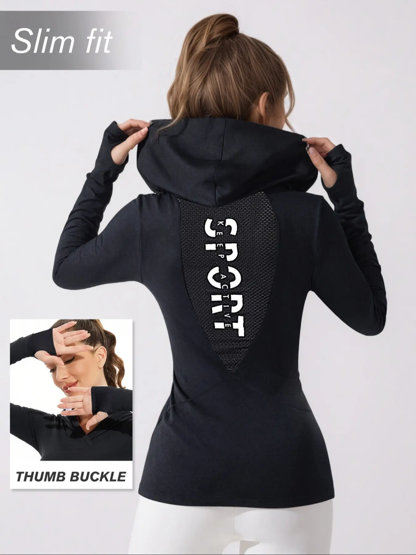 Women's Sport Hoodie Sweatshirt, Yoga Running Fitness Exercise Slim Fit Long Sleeve Thumb Hole Design Breathable Casual Mesh V Neck Pullover Activewear Clothing, Athletic Clothes, Elastic Breathable Sportswear