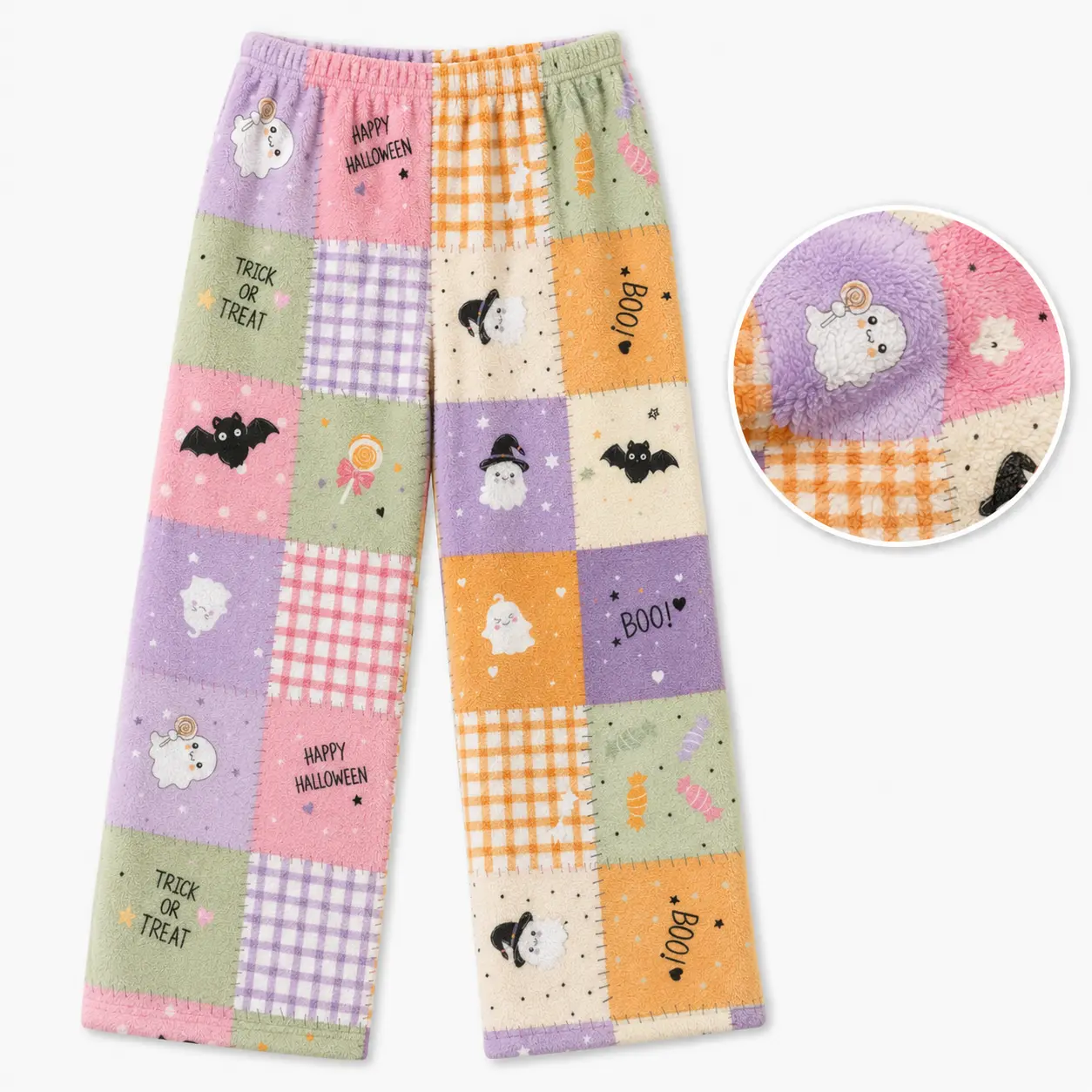 Cute Halloween Patchwork Fleece Pajama Pants – Cozy Ghost & Bat Print Wide Leg Lounge Pants, Soft Warm Sleepwear for Women & Men