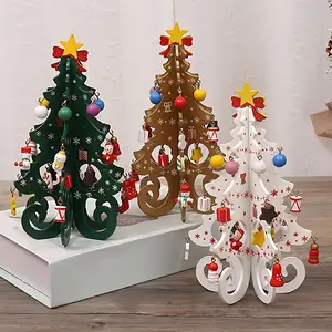1 piece - Three dimensional Christmas tree, wooden six piece with random cute small pendant, non electric household mini desktop tree ornament, suitable for holiday party window decorations, gifts for friends or children