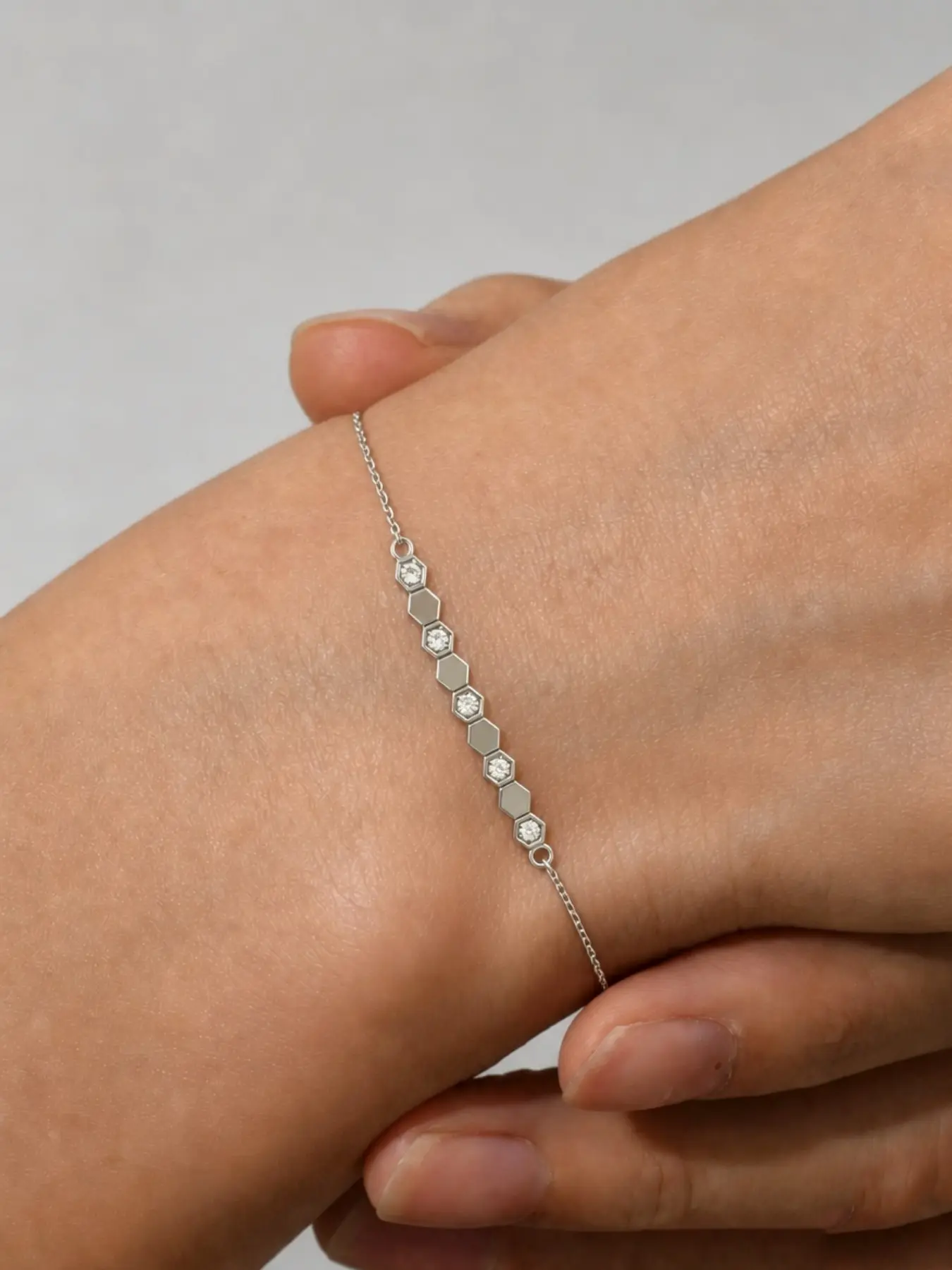 Pure Silver Women's Bracelet, Hexagonal Design with Embedded Gems, Fashionable and Versatile Daily Wear Jewelry, Stackable Hand Ornament