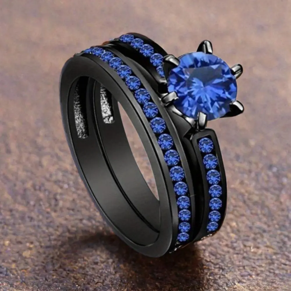 Women's 2-Piece Black Golden Plated Bridal Ring Set, Round  Anniversary Engagement Stackable promise rings for Lovers Dual Rings