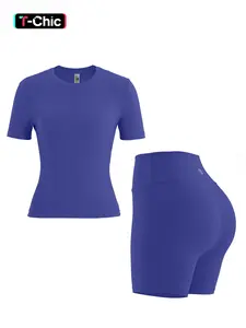 Women's Solid Round Neck Tee & High Waist Shorts Tracksuit Set, Sporty Casual Short Sleeve T-shirt & Skinny Shorts Set Yoga Clothes Set Yoga Outfit Set for Yoga Gym Workout Running, Ladies Summer Tracksuits