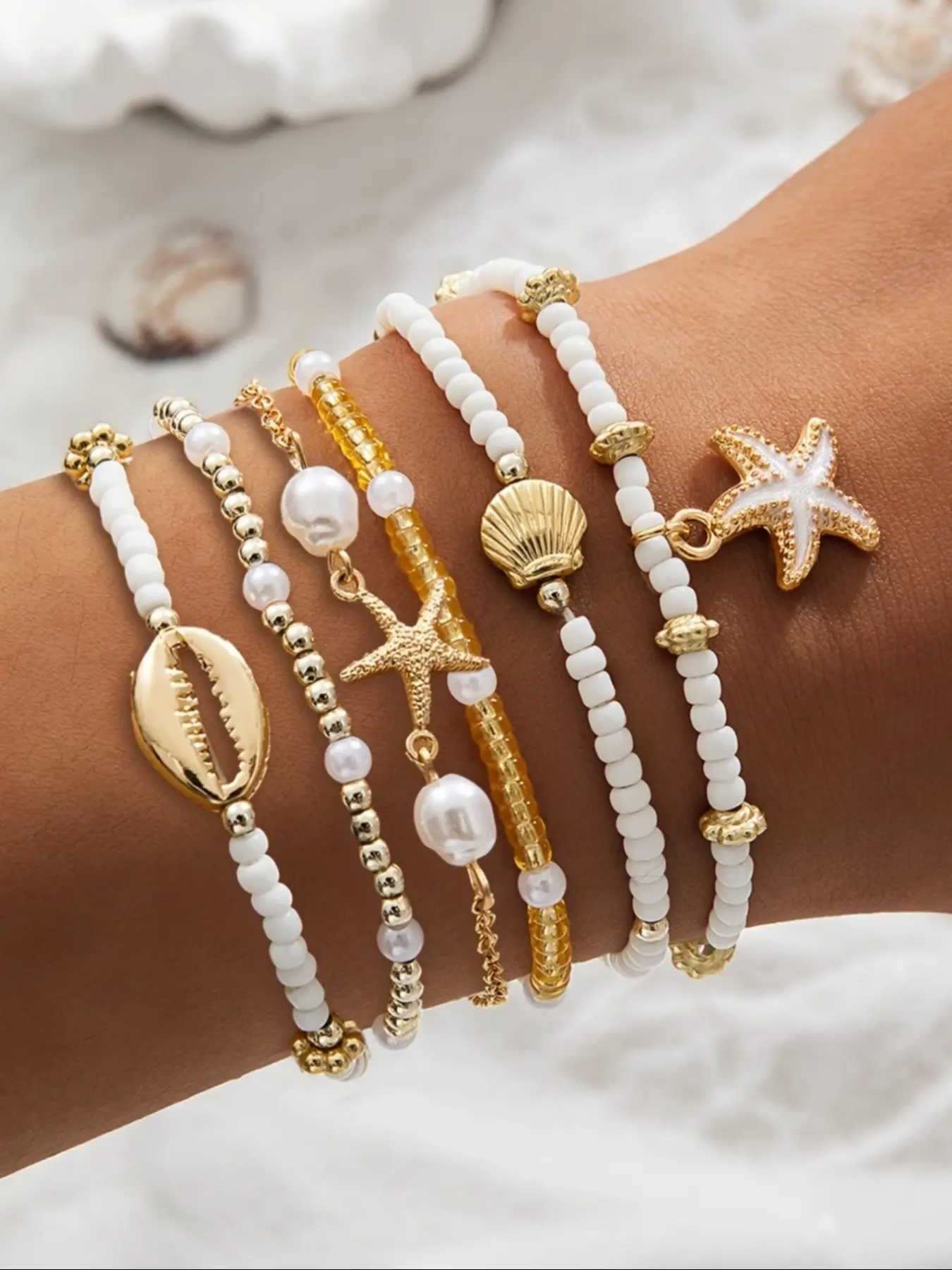 Vintage Shell Beaded Mix Bracelets Set, 6 Pcs Multi-Layer Oil Drop Starfish Jewelry Boho Style Bangles for Casual Vacation Wear