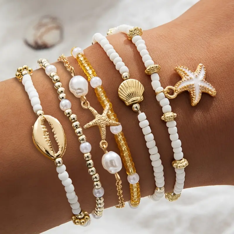 Vintage Shell Beaded Mix Bracelets Set, 6 Pcs Multi-Layer Oil Drop Starfish Jewelry Boho Style Bangles for Casual Vacation Wear Layered Bracelet Set