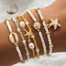 Vintage Shell Beaded Mix Bracelets Set, 6 Pcs Multi-Layer Oil Drop Starfish Jewelry Boho Style Bangles for Casual Vacation Wear Layered Bracelet Set