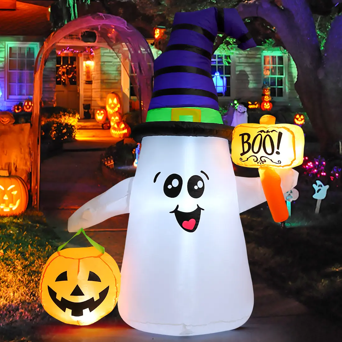 GOOSH 5 FT Halloween Inflatables Ghost Outdoor Decorations Blow Up Yard Cute Wizard Ghost with Pumpkin with Built-in LEDs for Garden Lawn Indoor Party Holiday Decor