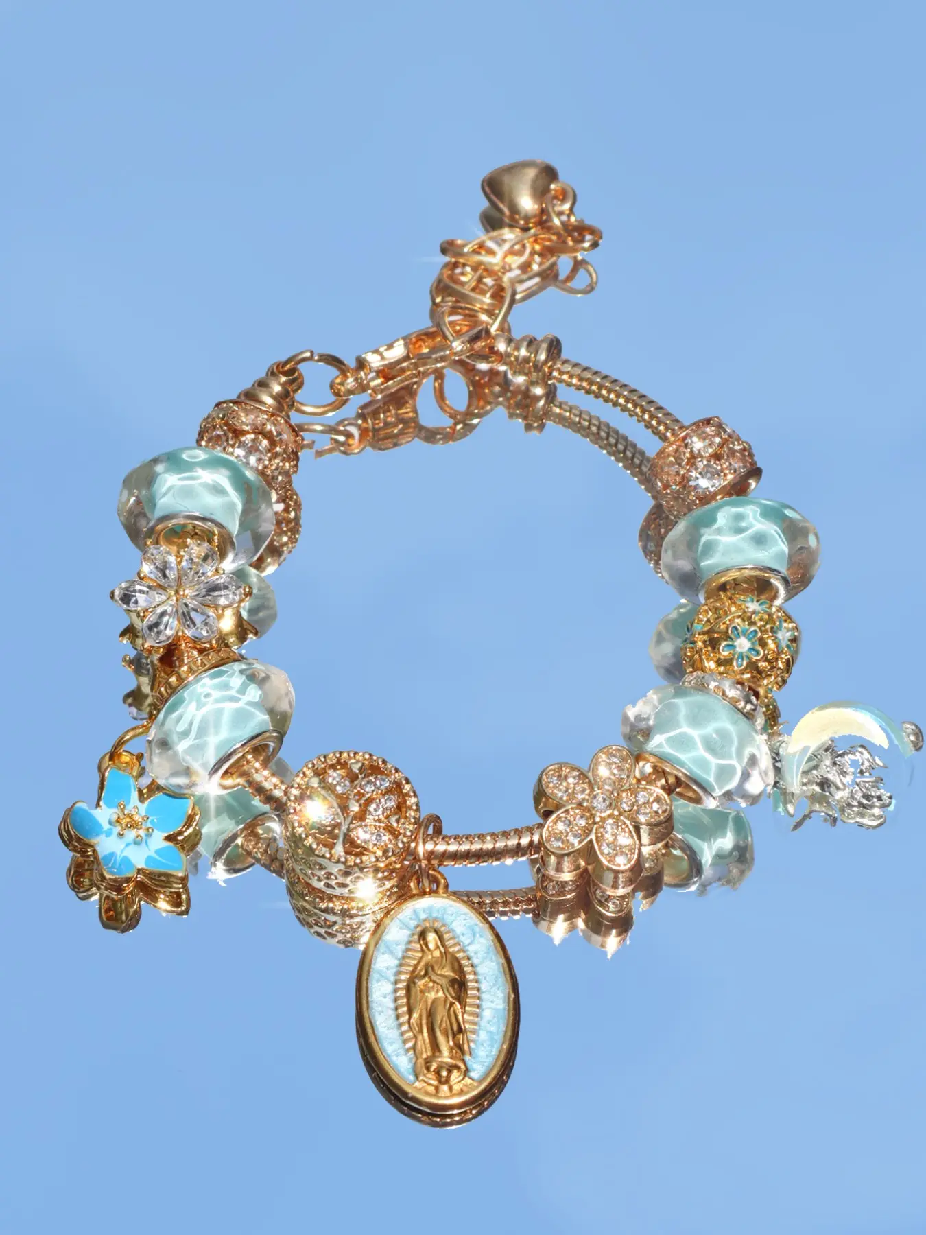 Religious Virgin Mary Charm Bracelet, Religious Moon Bracelet, Fashion Blue Cherry Blossom DIY Bracelet, Heart Life Tree Bracelet, Pretty Bracelet, Faith Jewelry, Jewelry Bracelets