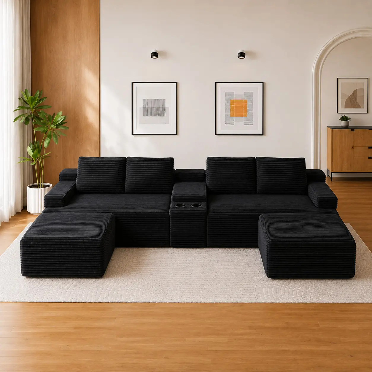 140-Inch U-Shaped Cloud Modular Frameless Sectional Sofa (L-Shape Convertible), Modern Oversized Seat Velvet Fabric Couch with Cup Holders, Storage, Multi-Adjustable Sleeper Bed, Deep Plush Seating for Large Families, Indoor Living Room Couches