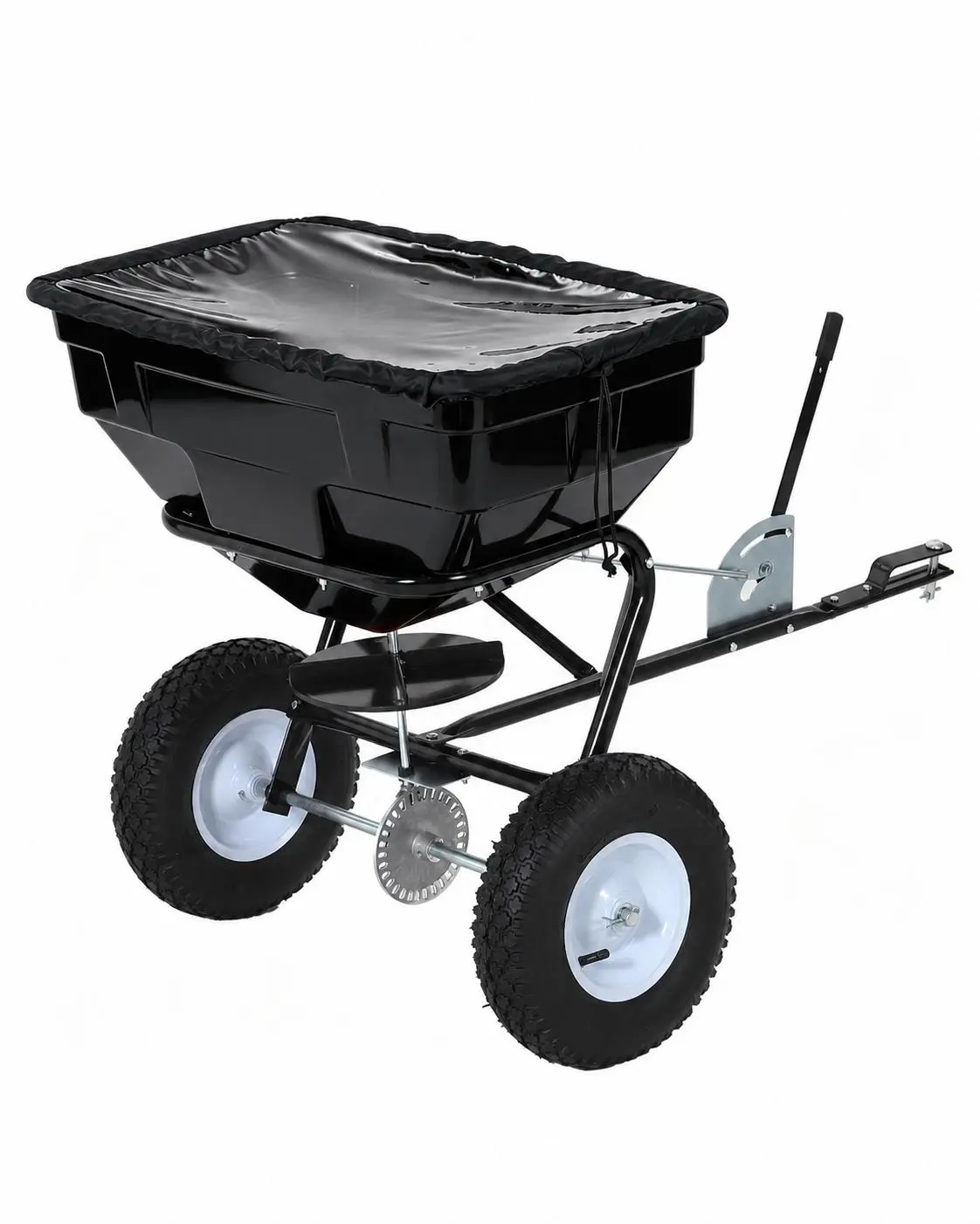 Heavy Duty Tow Behind Broadcast Spreader for Lawn & Garden – 130LBS Capacity – 30 Adjustable Settings – Global Hitch – 9.8ft Spreading Width – Fertilizer, Seed, Salt & Ice Melt – Powder-Coated Steel – Black (Douzi) + Black Rod White Wheel Hub – 125L