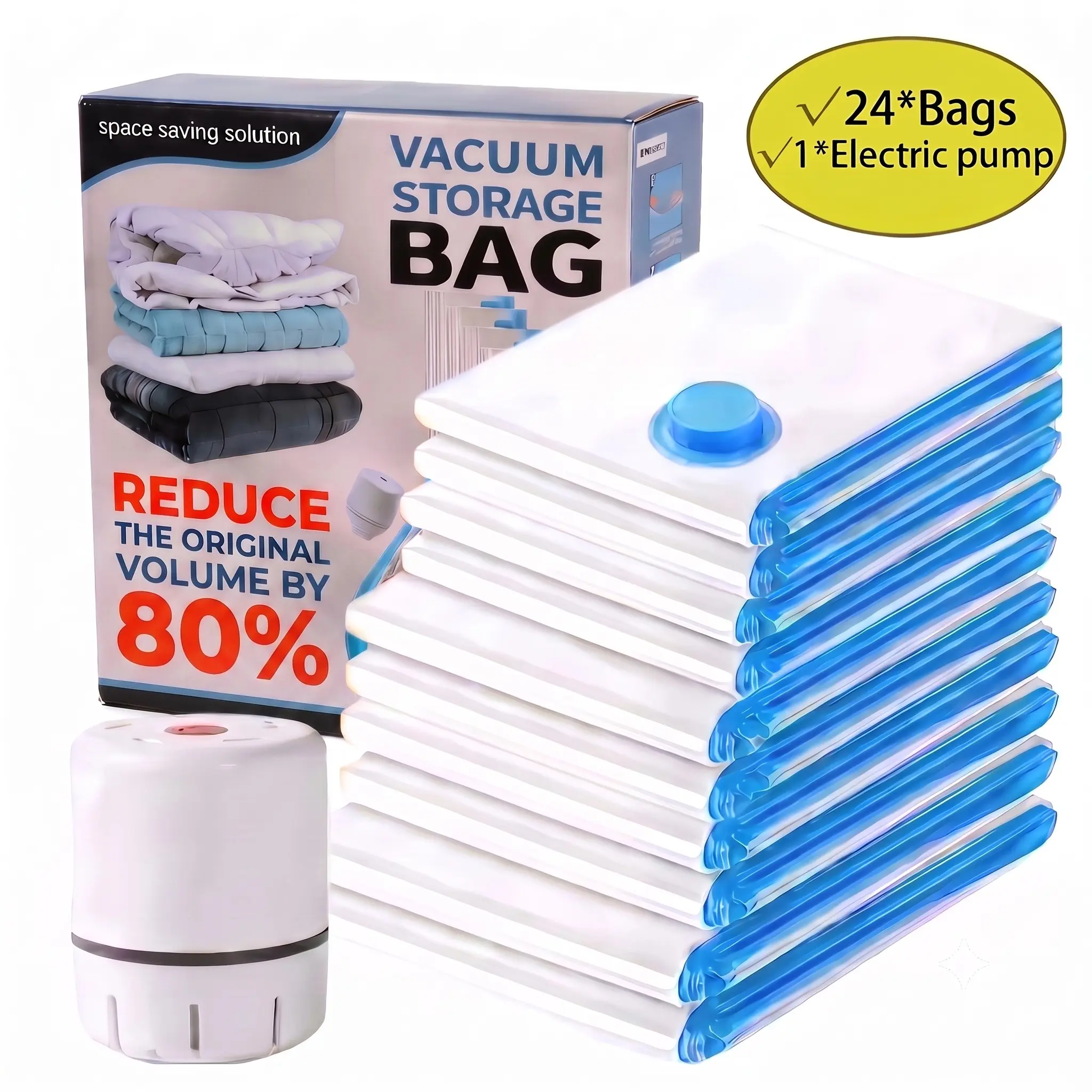Upgrade  24 Pack Vacuum Storage Bags，Travel Vacuum Bags with Electric Pump，Vacuum Seal Bags for Clothing, Space Saver Vacuum Storage Bags, Combo Travel Vacuum Bags for Luggage