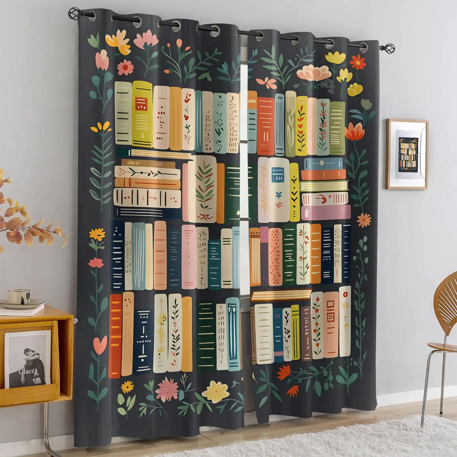 2 panels Book Shelf Print Blackout Curtains, Colorful Books & Floral Pattern Thermal Insulated Window Drapes for Library Study Room, Whimsical Bookworm Home Decor