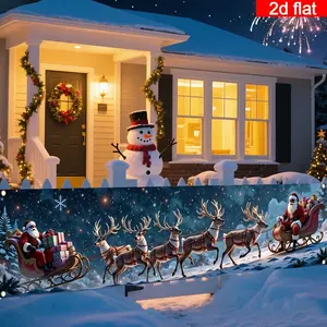 1pc Christmas party banner, made of polyester material, with a background picture of Christmas reindeer and Santa Claus, suitable for indoor and outdoor decoration, festival decoration, Christmas Party Decorations Banners