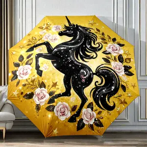 Innovative design Portable Folding Umbrella with a black horse in flowers pattern, suitable as a birthday gift, for various holidays, travel, and gifting