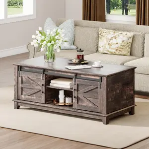 [SummerVibes]VanAcc Farmhouse Coffee Table with Sliding Barn Doors, 48'' Living Room Table with Storage Adjustable Shelves, Rustic Wood Rectangular Tables for Meeting Room, Living Room