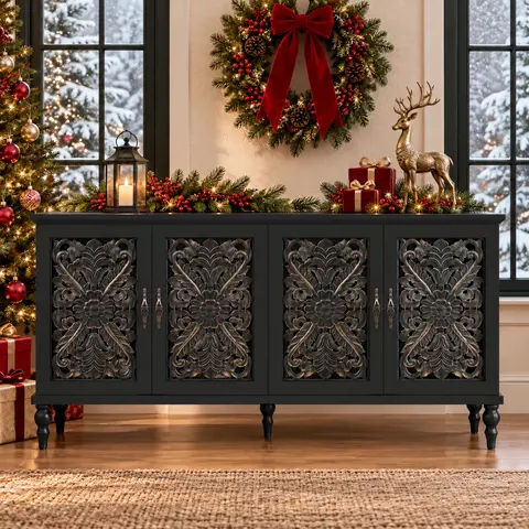 【Fall Deals】HLR Vintage Carved 4-Door Storage Cabinet, Black Buffet Storage Cabinet with Decorative Floral Doors, Sideboard Cabinet for Living Room, Dining Room, Entryway, Bedroom & Coffee Bar,familyfun