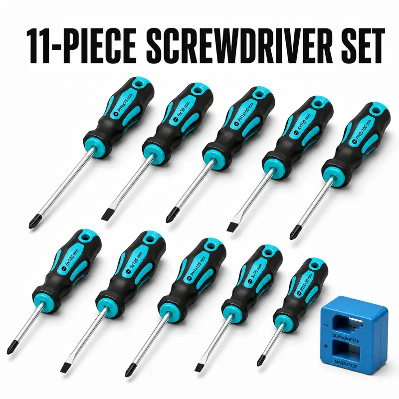 11-Piece Magnetic Screwdriver Set, Phillips & Slotted Flat Head Hand Tools with Magnetizer, Non-Slip Grip for Home Repair, Furniture, Automotive and DIY Projects