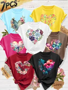 7Pcs Women's Fitted Crew Neck T-Shirts, Womenswear Round Neck Watercolor Floral Heart Series Print, Multiple Colors Available, Machine Washable, Spring & Summer Tops, Soft Skin-Friendly Fabric, Casual Daily Versatile, Fashion Design