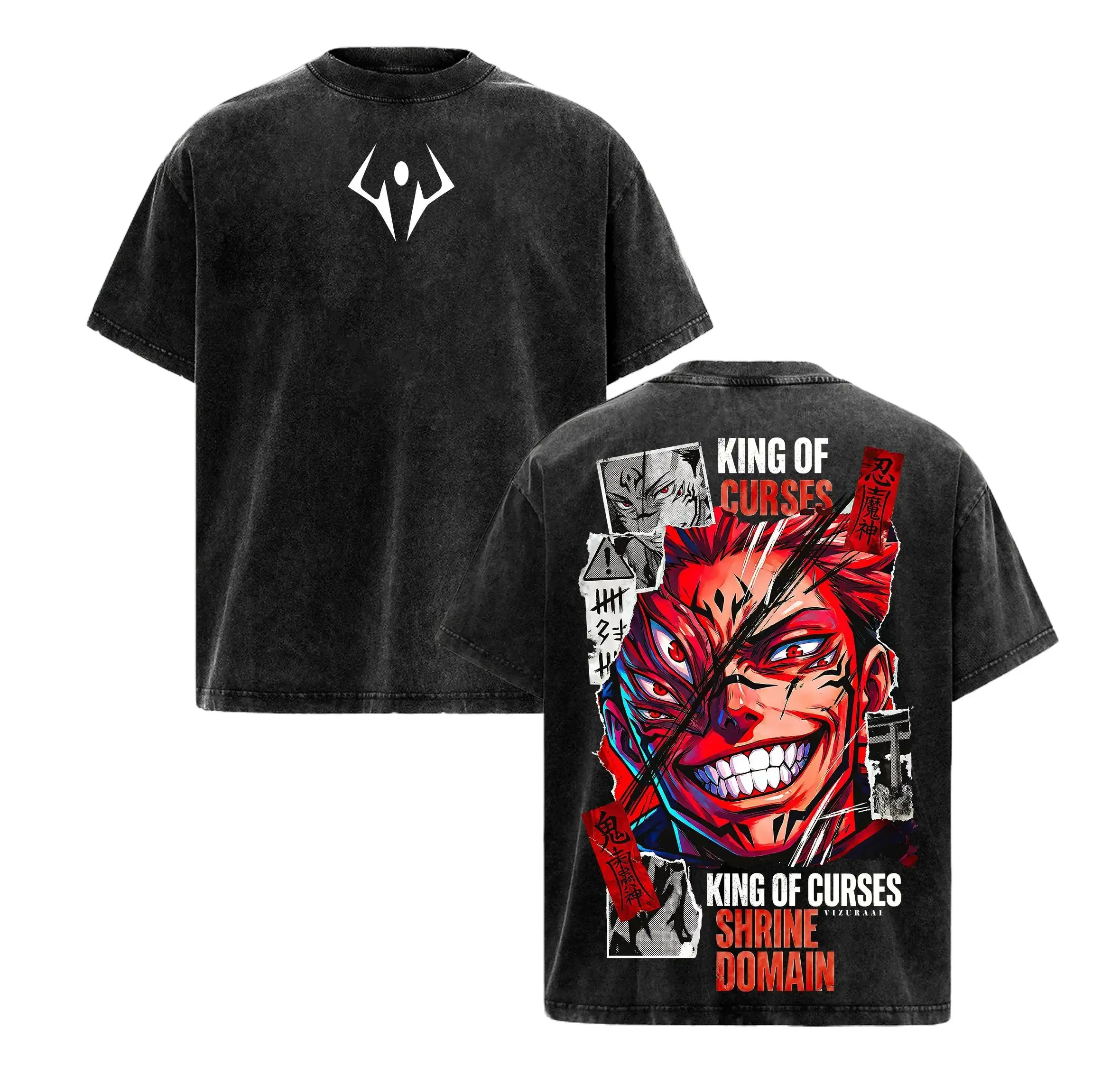 Men's Ryomen Sukuna Jujutsu Kaisen Anime Graphic Tee - Vintage Retro Oversized Pure Cotton Short-Sleeve, High-Res 2D Vector Print Round Neck Fabric Top, Casual Streetwear, Acid Wash Machine-Washable Black/White King Of Curses Shirt