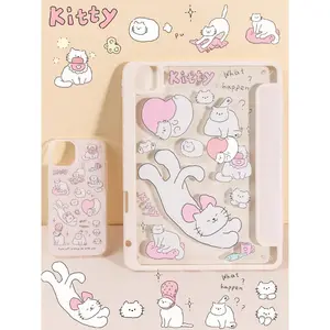 Line Cat  Cute Cartoon Case Tablet Casing For iPad 10th 11th A16 10.9 Air 11 13 M2 M3 Mini 6 Pro 11 7th 8th 10.2Air 4 Air 5 10.9Pro 12.9 Samsung Galaxy Tab Redmi Xiaomi Pad Huawei MatePad Auto Sleep Awake Pencil Slot Tablet Cover Tablet Accessories