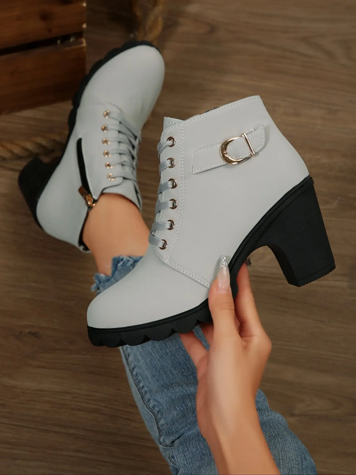 Women's Elegant Chunky Heel Short Boots, Work Ankle Boots, Cuban Heel Boots, Round Toe Thick Sole, Casual Laced Style, Side Zipper, Outdoor Travel, Lightweight Comfortable, Heeled Booties, Trendy Boots