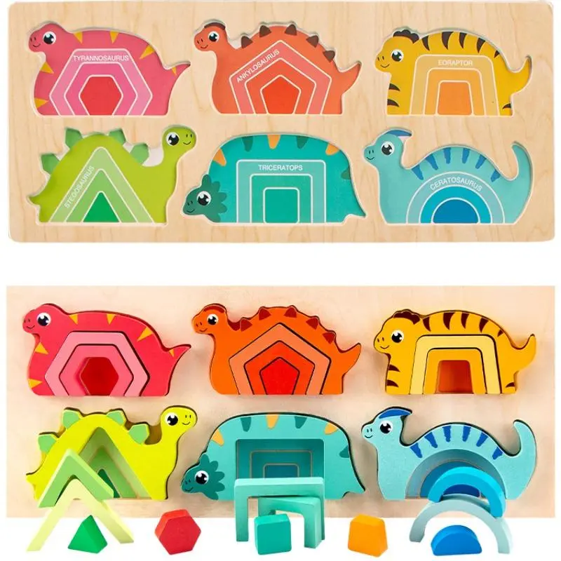 Wooden Dinosaur Shaped Puzzle Toy, Animal Shape Puzzle, 1 Set Colorful Geometry Pairing Puzzle Game, Educational Toy for Birthday Gifts, Wooden Puzzles